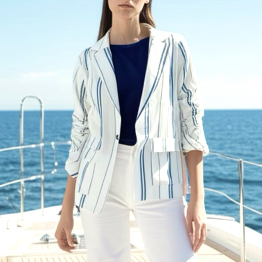 Sloan Ridge Linen Blazer Jacket SZ S Nautical Stripe Coastal Career Breathable